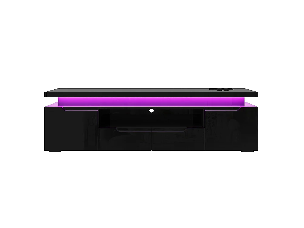 Stand de télévision LED avec prise d'alimentation - Centre de divertissement haut brillant 180cm avec armoires de stockage et tiroirs, console média - noir