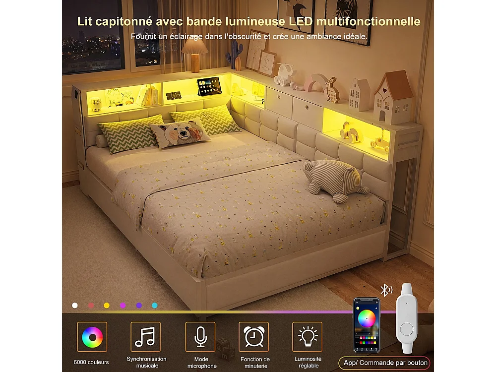 Lit d’angle en forme de L 140 × 200 cm - Cadre de lit de rangement avec LED et station de charge et 2 tiroirs roulants et 2 boîtes de rangement en tissu - blanc