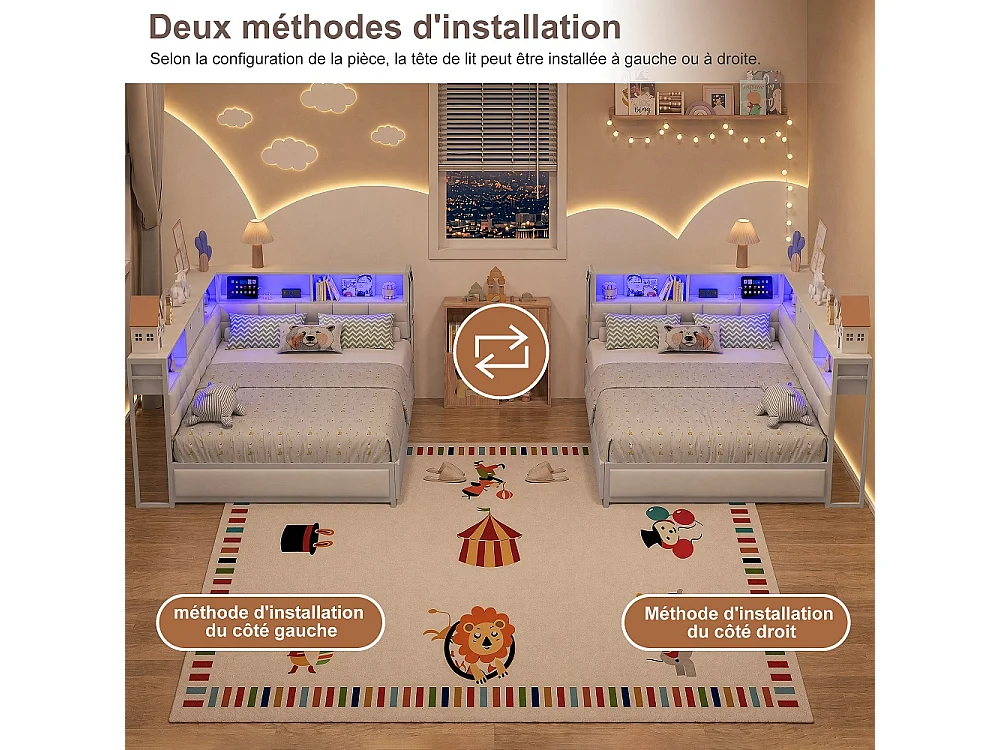 Lit d’angle en forme de L 140 × 200 cm - Cadre de lit de rangement avec LED et station de charge et 2 tiroirs roulants et 2 boîtes de rangement en tissu - blanc