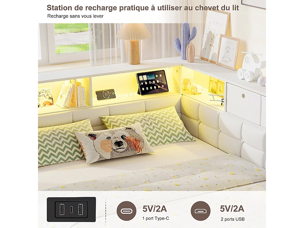 Lit d’angle en forme de L 140 × 200 cm - Cadre de lit de rangement avec LED et station de charge et 2 tiroirs roulants et 2 boîtes de rangement en tissu - blanc