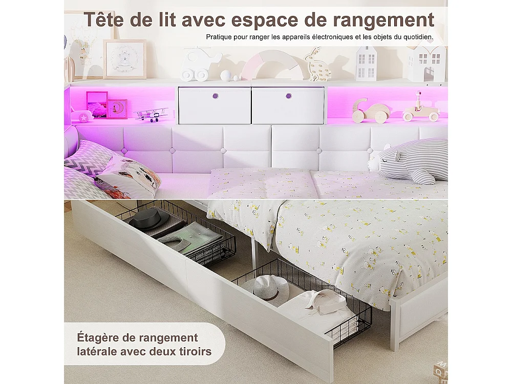 Lit d’angle en forme de L 140 × 200 cm - Cadre de lit de rangement avec LED et station de charge et 2 tiroirs roulants et 2 boîtes de rangement en tissu - blanc