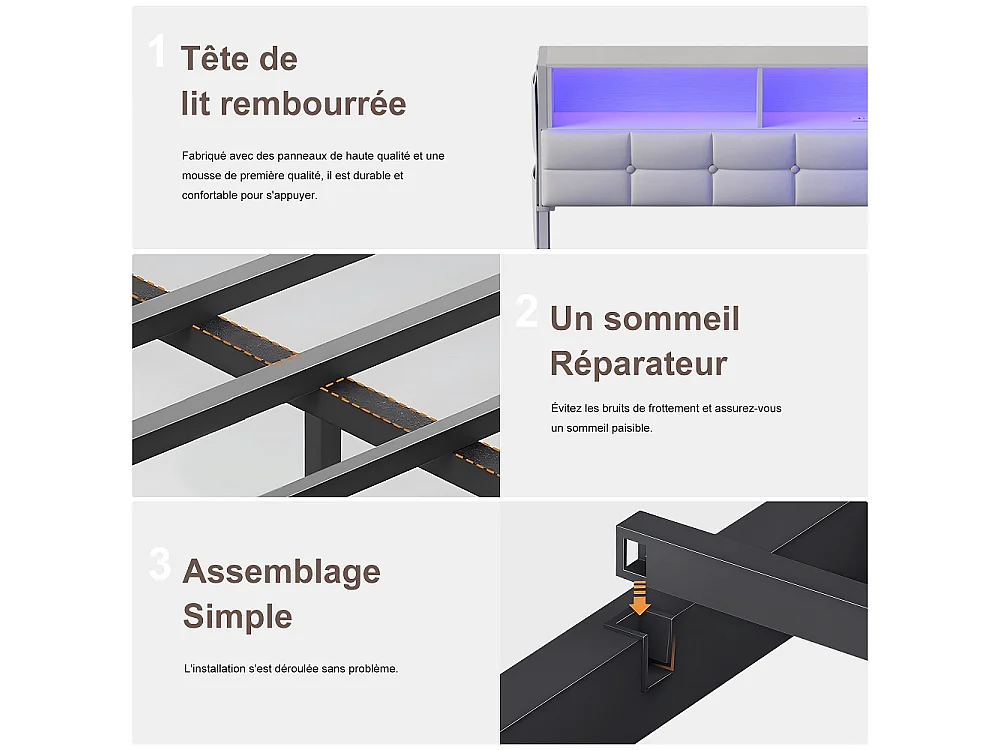 Lit d’angle en forme de L 140 × 200 cm - Cadre de lit de rangement avec LED et station de charge et 2 tiroirs roulants et 2 boîtes de rangement en tissu - blanc