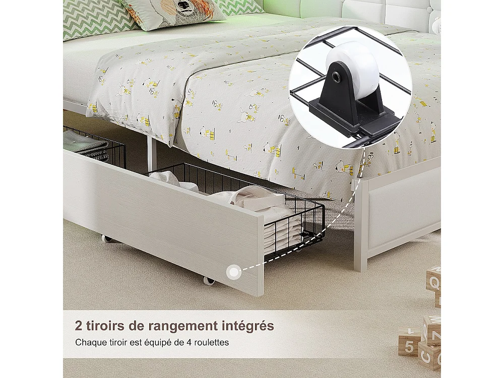 Lit d’angle en forme de L 140 × 200 cm - Cadre de lit de rangement avec LED et station de charge et 2 tiroirs roulants et 2 boîtes de rangement en tissu - blanc