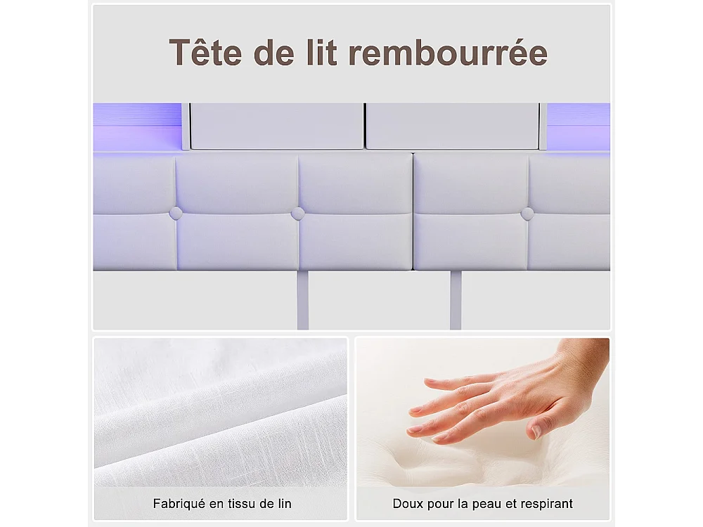 Lit d’angle en forme de L 140 × 200 cm - Cadre de lit de rangement avec LED et station de charge et 2 tiroirs roulants et 2 boîtes de rangement en tissu - blanc