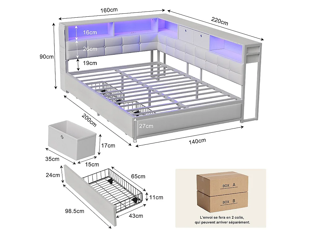 Lit d’angle en forme de L 140 × 200 cm - Cadre de lit de rangement avec LED et station de charge et 2 tiroirs roulants et 2 boîtes de rangement en tissu - blanc