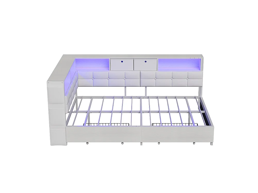 Lit d’angle en forme de L 140 × 200 cm - Cadre de lit de rangement avec LED et station de charge et 2 tiroirs roulants et 2 boîtes de rangement en tissu - blanc
