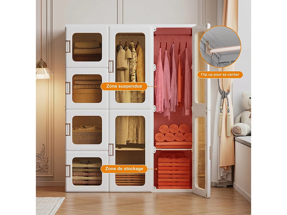 Armoire de rangement de vêtements pliable - 104 × 50 × 136 cm Armoires - 12 grilles, 8 portes, 2 accroches Organisateur de placard - Plastique - Blanc