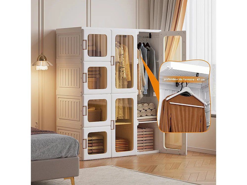 Armoire de rangement de vêtements pliable - 104 × 50 × 136 cm Armoires - 12 grilles, 8 portes, 2 accroches Organisateur de placard - Plastique - Blanc