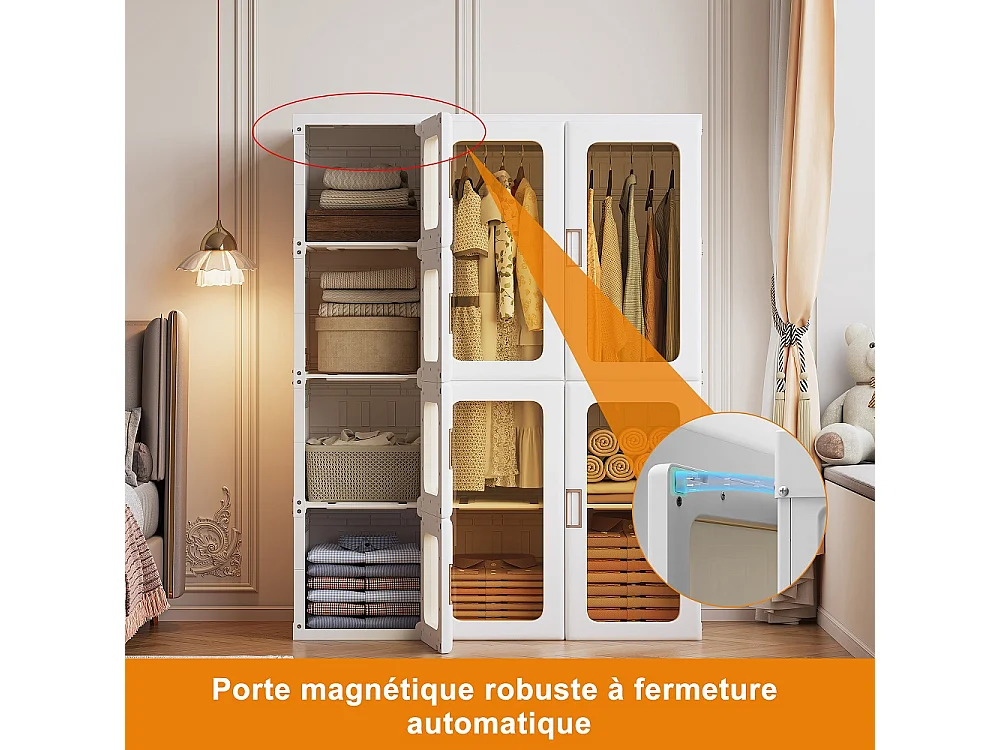 Armoire de rangement de vêtements pliable - 104 × 50 × 136 cm Armoires - 12 grilles, 8 portes, 2 accroches Organisateur de placard - Plastique - Blanc
