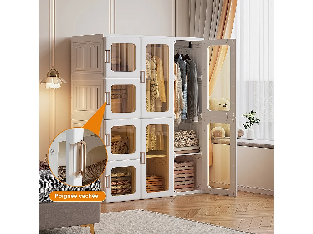 Armoire de rangement de vêtements pliable - 104 × 50 × 136 cm Armoires - 12 grilles, 8 portes, 2 accroches Organisateur de placard - Plastique - Blanc