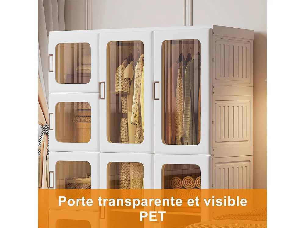 Armoire de rangement de vêtements pliable - 104 × 50 × 136 cm Armoires - 12 grilles, 8 portes, 2 accroches Organisateur de placard - Plastique - Blanc