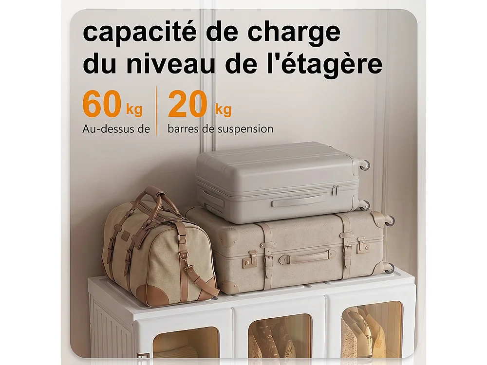Armoire de rangement de vêtements pliable - 104 × 50 × 136 cm Armoires - 12 grilles, 8 portes, 2 accroches Organisateur de placard - Plastique - Blanc