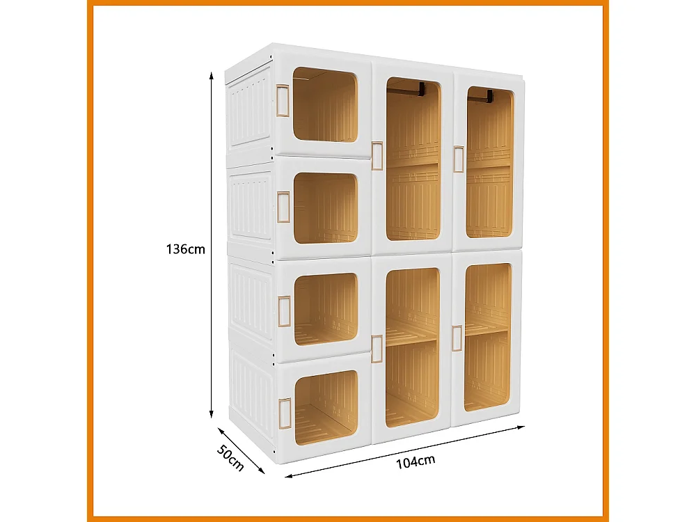 Armoire de rangement de vêtements pliable - 104 × 50 × 136 cm Armoires - 12 grilles, 8 portes, 2 accroches Organisateur de placard - Plastique - Blanc