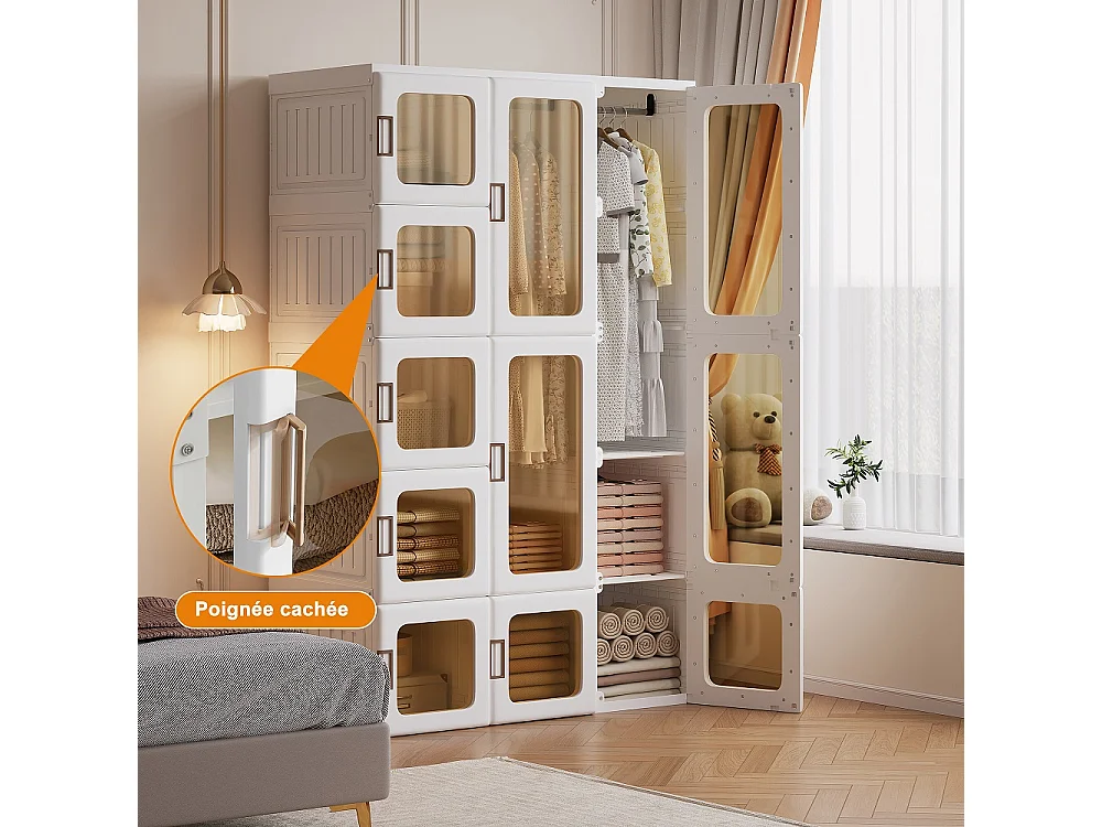 Faltbarer Schrankschrank 104x50x170 cm - Modularer Schrankorganisator mit 15 Fächern, 11 Türen und 2 Kleiderbügeln ‑ Aufbewahrungsschrank ohne Montage - weiß