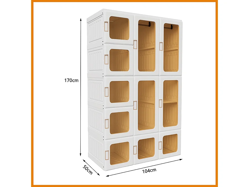 Faltbarer Schrankschrank 104x50x170 cm - Modularer Schrankorganisator mit 15 Fächern, 11 Türen und 2 Kleiderbügeln ‑ Aufbewahrungsschrank ohne Montage - weiß