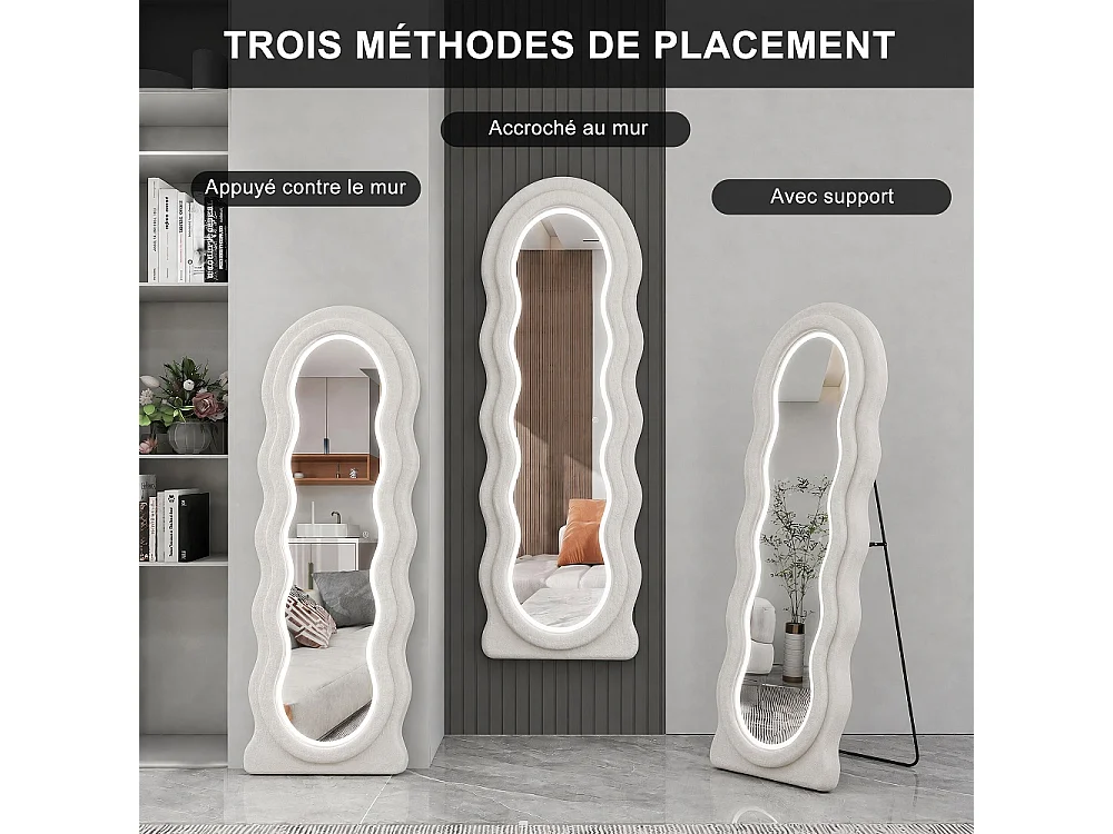 LED ondulé miroir corps complet 150 × 45 cm - Flanne douce U-Stand Miroir de plancher, 3 couleurs claires Dimmable Wall Hanging Dressing Mirror - blanc