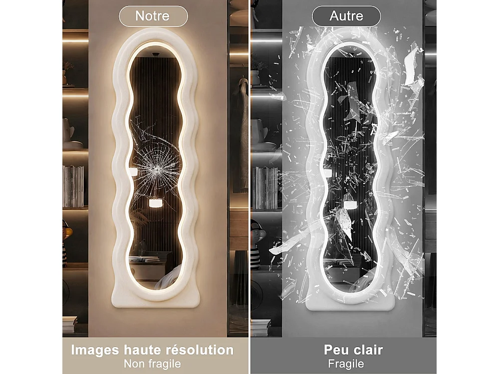 LED ondulé miroir corps complet 150 × 45 cm - Flanne douce U-Stand Miroir de plancher, 3 couleurs claires Dimmable Wall Hanging Dressing Mirror - blanc