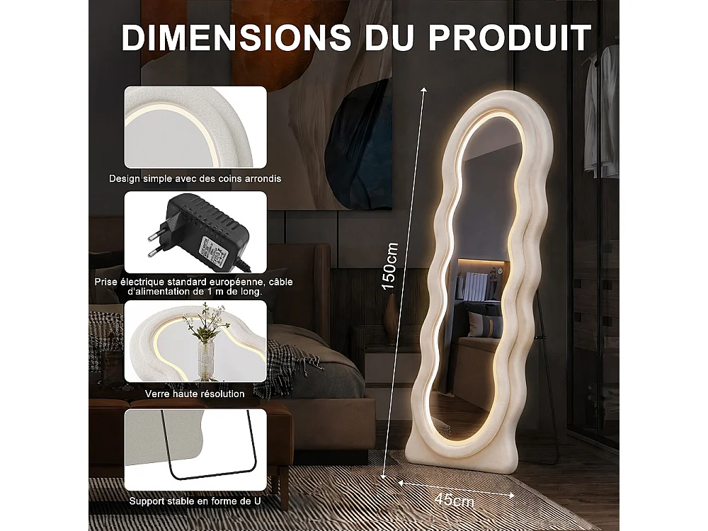 LED ondulé miroir corps complet 150 × 45 cm - Flanne douce U-Stand Miroir de plancher, 3 couleurs claires Dimmable Wall Hanging Dressing Mirror - blanc