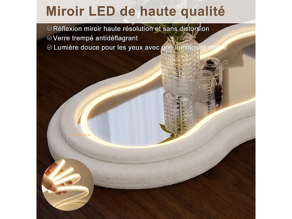 LED ondulé miroir corps complet 150 × 45 cm - Flanne douce U-Stand Miroir de plancher, 3 couleurs claires Dimmable Wall Hanging Dressing Mirror - blanc