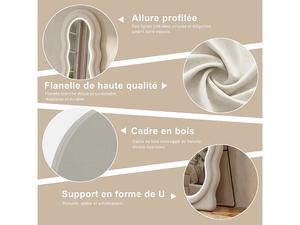 LED ondulé miroir corps complet 150 × 45 cm - Flanne douce U-Stand Miroir de plancher, 3 couleurs claires Dimmable Wall Hanging Dressing Mirror - blanc