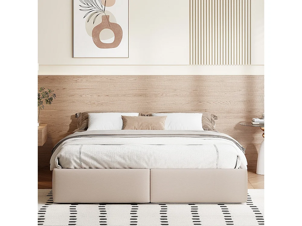 Gestoffeerd Opbergbed Frame 160×200cm - geen hoofdeinde Ottoman Bed-Hydraulische Lift Up tweepersoonsbed met 2 zijladen-Houten Lattensteun - linnen-Beige