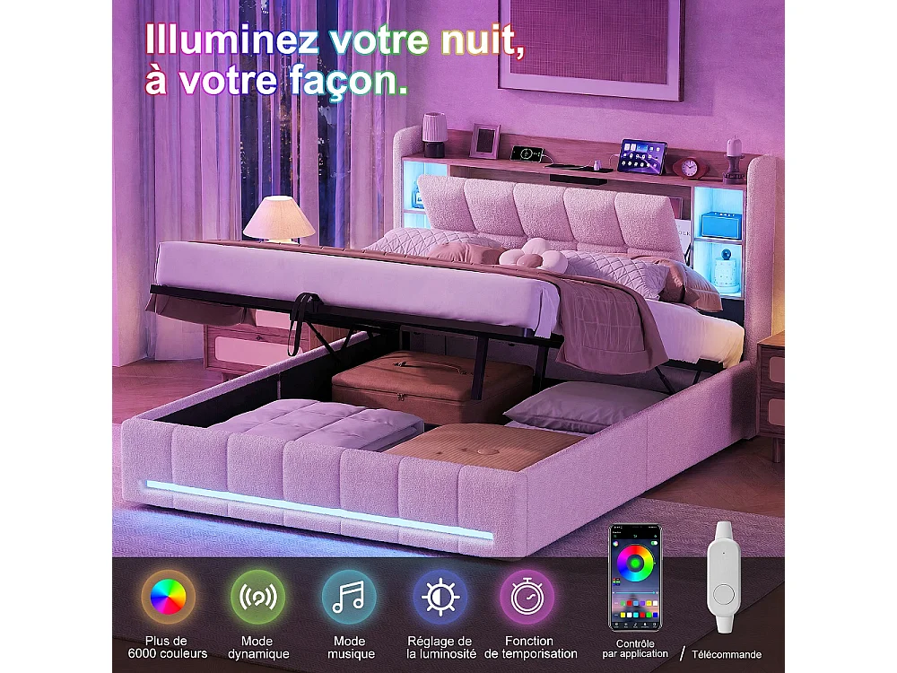 Lit de plateforme rembourré 160 × 200 cm - Lit de stockage hydraulique avec LED, Station de charge et tête de stockage - Lit double en tissu en peluche - beige