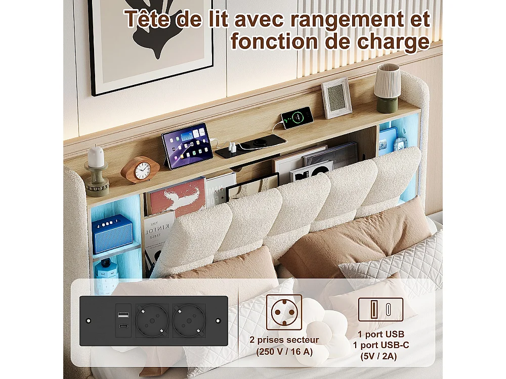 Lit de plateforme rembourré 160 × 200 cm - Lit de stockage hydraulique avec LED, Station de charge et tête de stockage - Lit double en tissu en peluche - beige