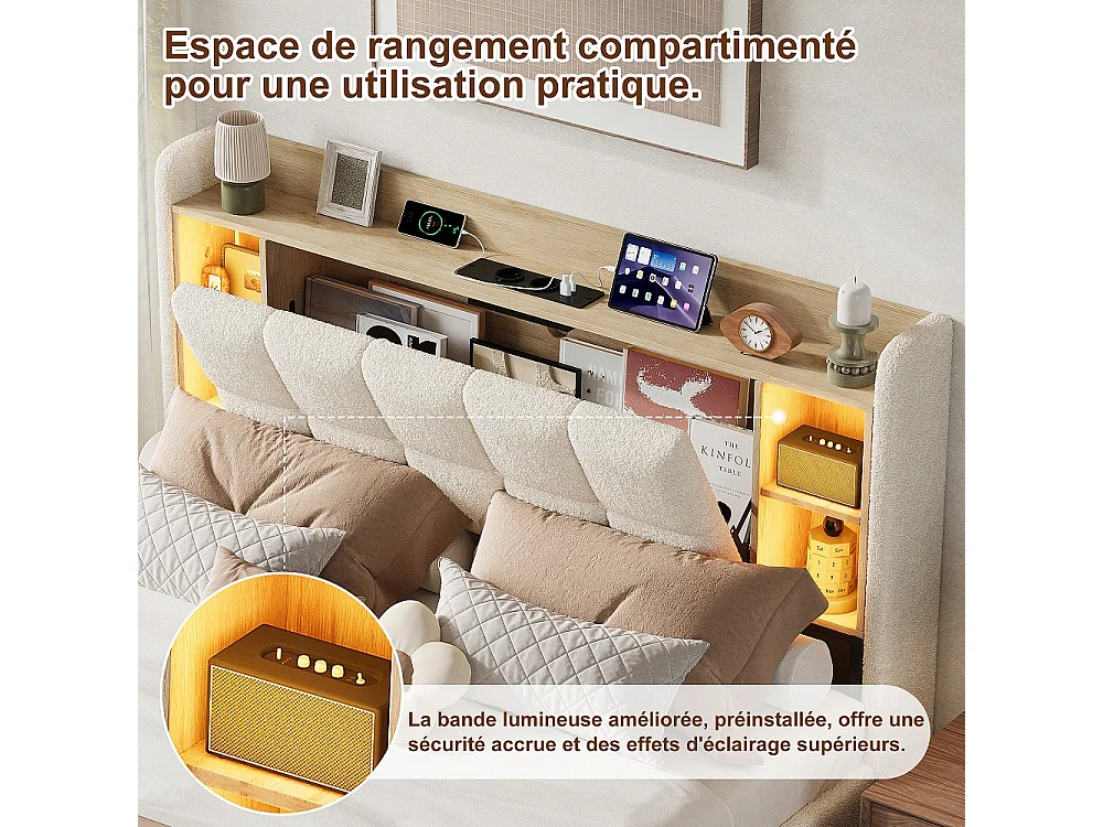Lit de plateforme rembourré 160 × 200 cm - Lit de stockage hydraulique avec LED, Station de charge et tête de stockage - Lit double en tissu en peluche - beige