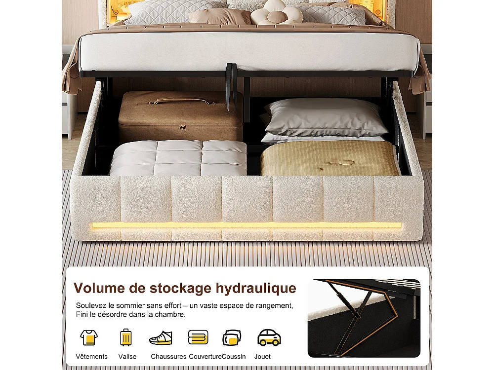 Lit de plateforme rembourré 160 × 200 cm - Lit de stockage hydraulique avec LED, Station de charge et tête de stockage - Lit double en tissu en peluche - beige