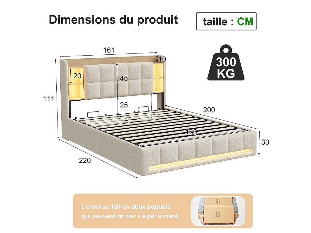 Lit de plateforme rembourré 160 × 200 cm - Lit de stockage hydraulique avec LED, Station de charge et tête de stockage - Lit double en tissu en peluche - beige
