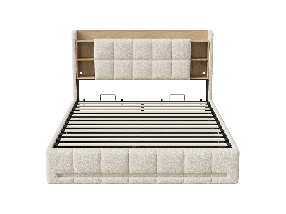 Lit de plateforme rembourré 160 × 200 cm - Lit de stockage hydraulique avec LED, Station de charge et tête de stockage - Lit double en tissu en peluche - beige