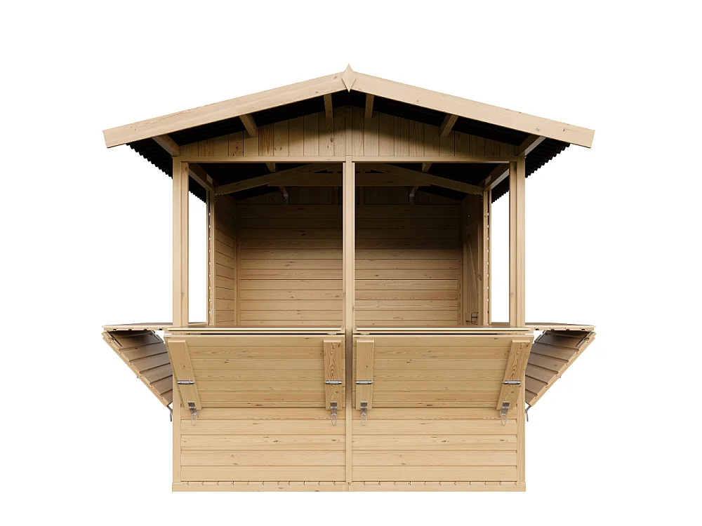 Drewniany kiosk handlowy - 4 m² - 263x253xH232 cm - z 4 oknami sprzedażowymi - M149B