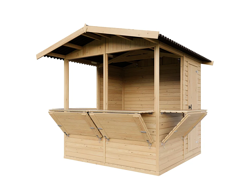 Drewniany kiosk handlowy - 4 m² - 263x253xH232 cm - z 4 oknami sprzedażowymi - M149B
