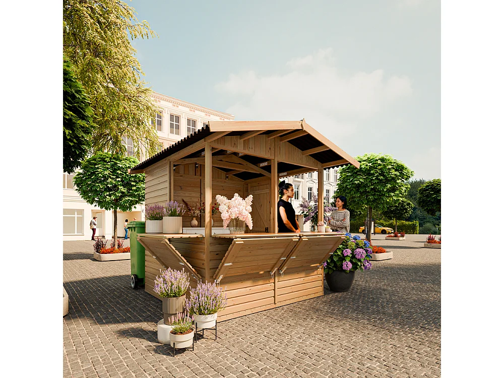 Drewniany kiosk handlowy - 4 m² - 263x253xH232 cm - z 4 oknami sprzedażowymi - M149B