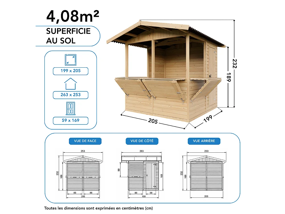 Drewniany kiosk handlowy - 4 m² - 263x253xH232 cm - z 4 oknami sprzedażowymi - M149B