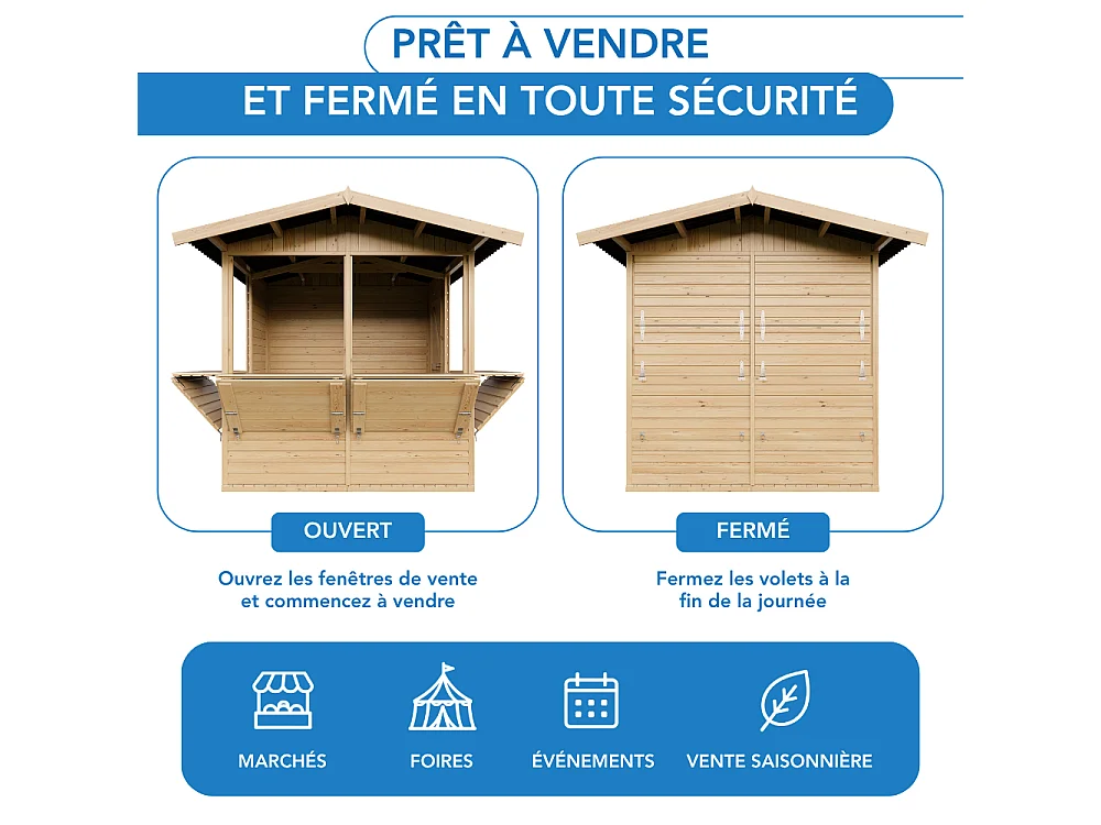Drewniany kiosk handlowy - 4 m² - 263x253xH232 cm - z 4 oknami sprzedażowymi - M149B