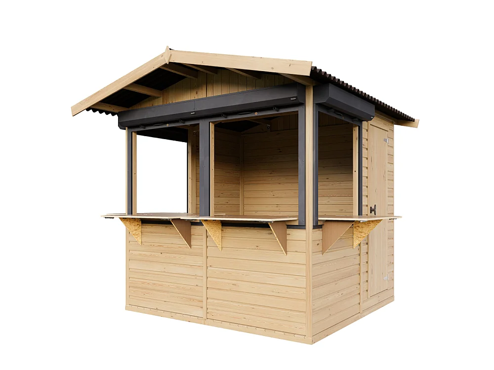 Drewniany kiosk handlowy - 4 m² - 263x253xH232 cm - z 4 roletami z zamkiem - M149BZ