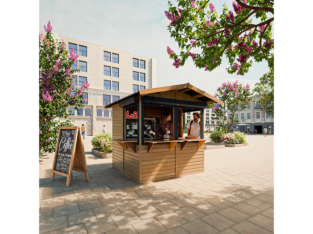 Drewniany kiosk handlowy - 4 m² - 263x253xH232 cm - z 4 roletami z zamkiem - M149BZ