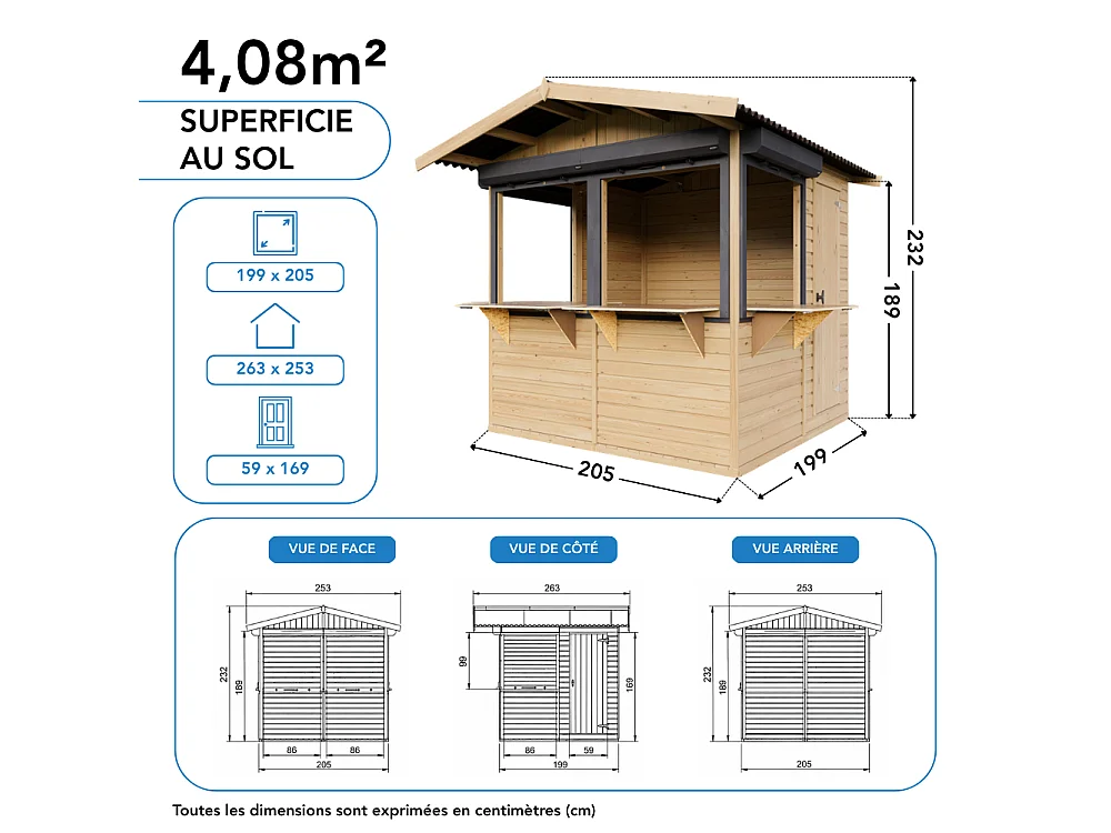 Drewniany kiosk handlowy - 4 m² - 263x253xH232 cm - z 4 roletami z zamkiem - M149BZ