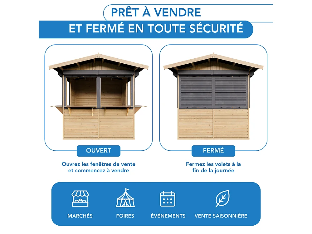 Drewniany kiosk handlowy - 4 m² - 263x253xH232 cm - z 4 roletami z zamkiem - M149BZ