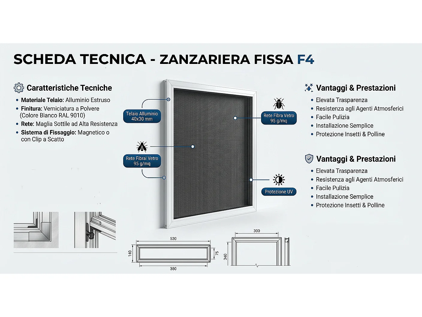 Zanzariera fissa per finestra 100x120x4 cm Telaio Bianco F4