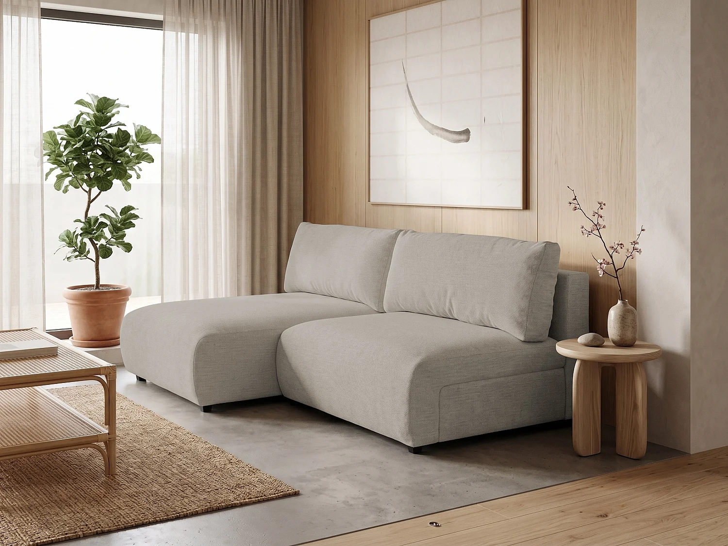 Canapé d’angle avec fonction couchage, coffre de rangement et zone de confort extra profonde en tissu structuré de haute qualité SORA