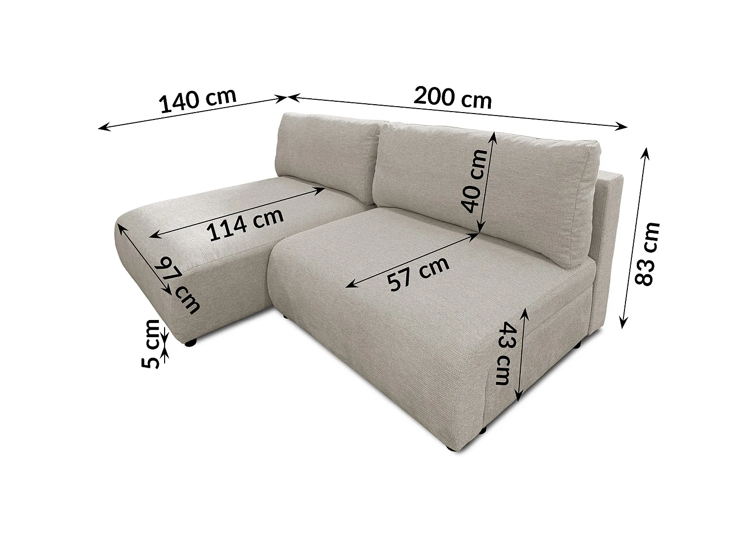 Canapé d’angle avec fonction couchage, coffre de rangement et zone de confort extra profonde en tissu structuré de haute qualité SORA