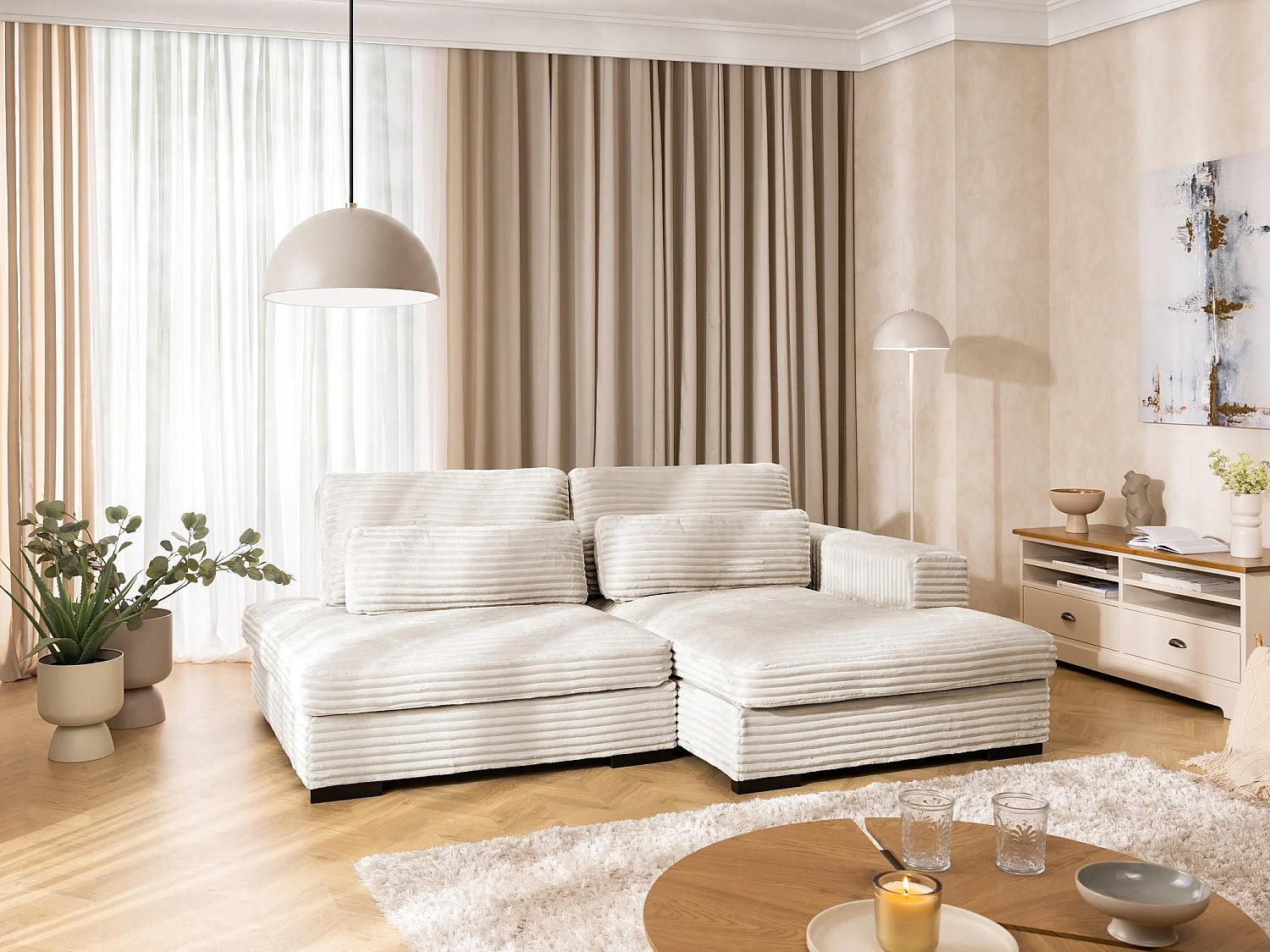 Canapé d’angle avec assise profonde, fonction couchage et pratique coffre de rangement, en tissu côtelé doux WOLKE