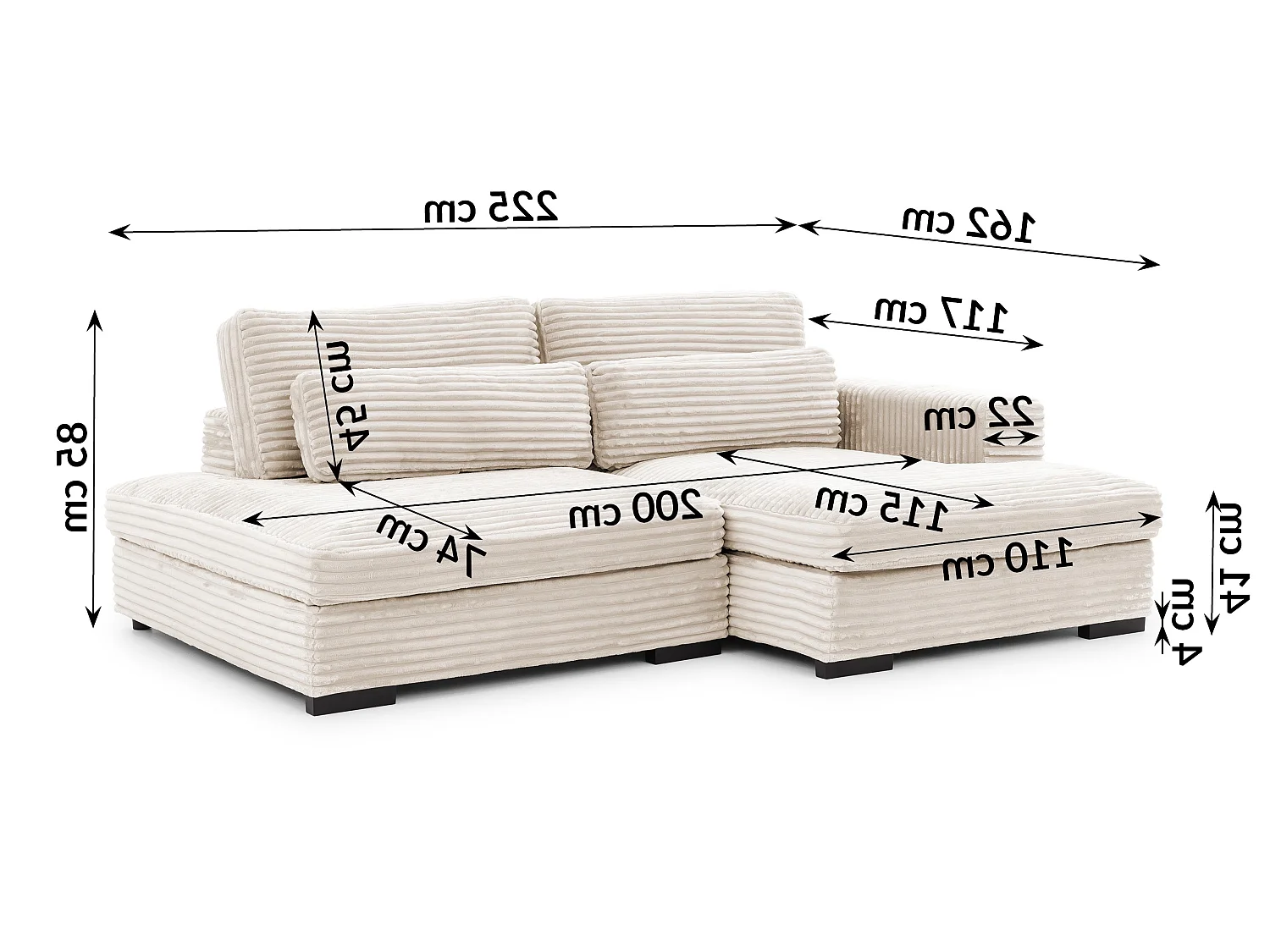 Canapé d’angle avec assise profonde, fonction couchage et pratique coffre de rangement, en tissu côtelé doux WOLKE