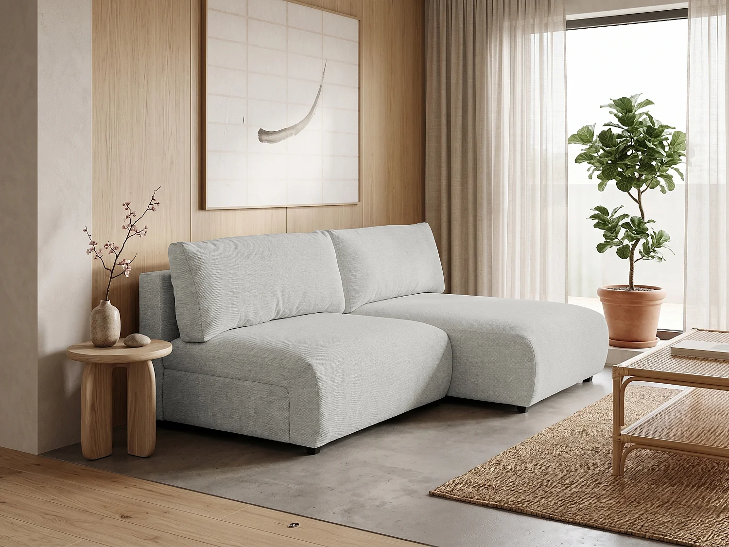 Canapé d’angle avec fonction couchage, coffre de rangement et zone de confort extra profonde en tissu structuré de haute qualité SORA
