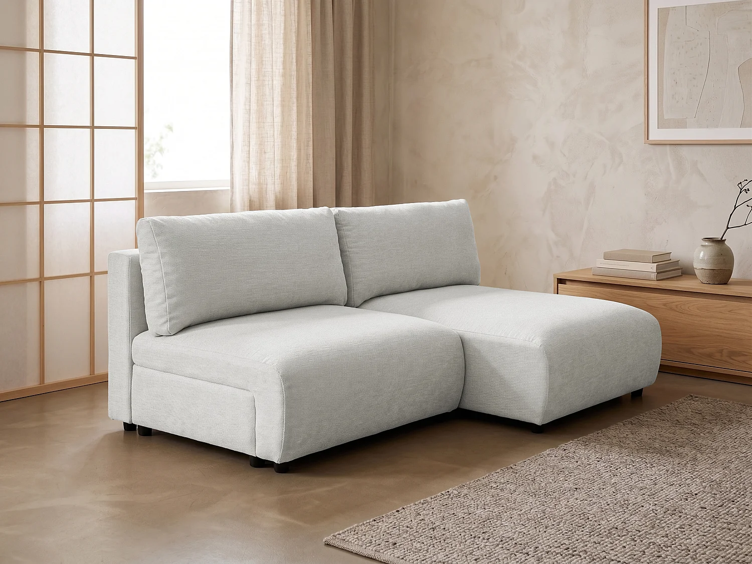 Canapé d’angle avec fonction couchage, coffre de rangement et zone de confort extra profonde en tissu structuré de haute qualité SORA