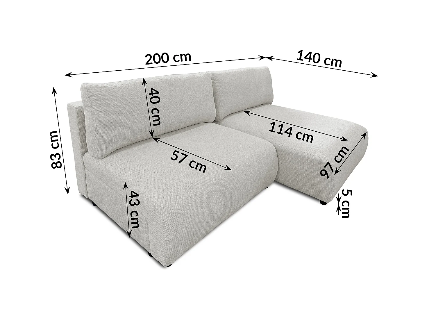 Canapé d’angle avec fonction couchage, coffre de rangement et zone de confort extra profonde en tissu structuré de haute qualité SORA