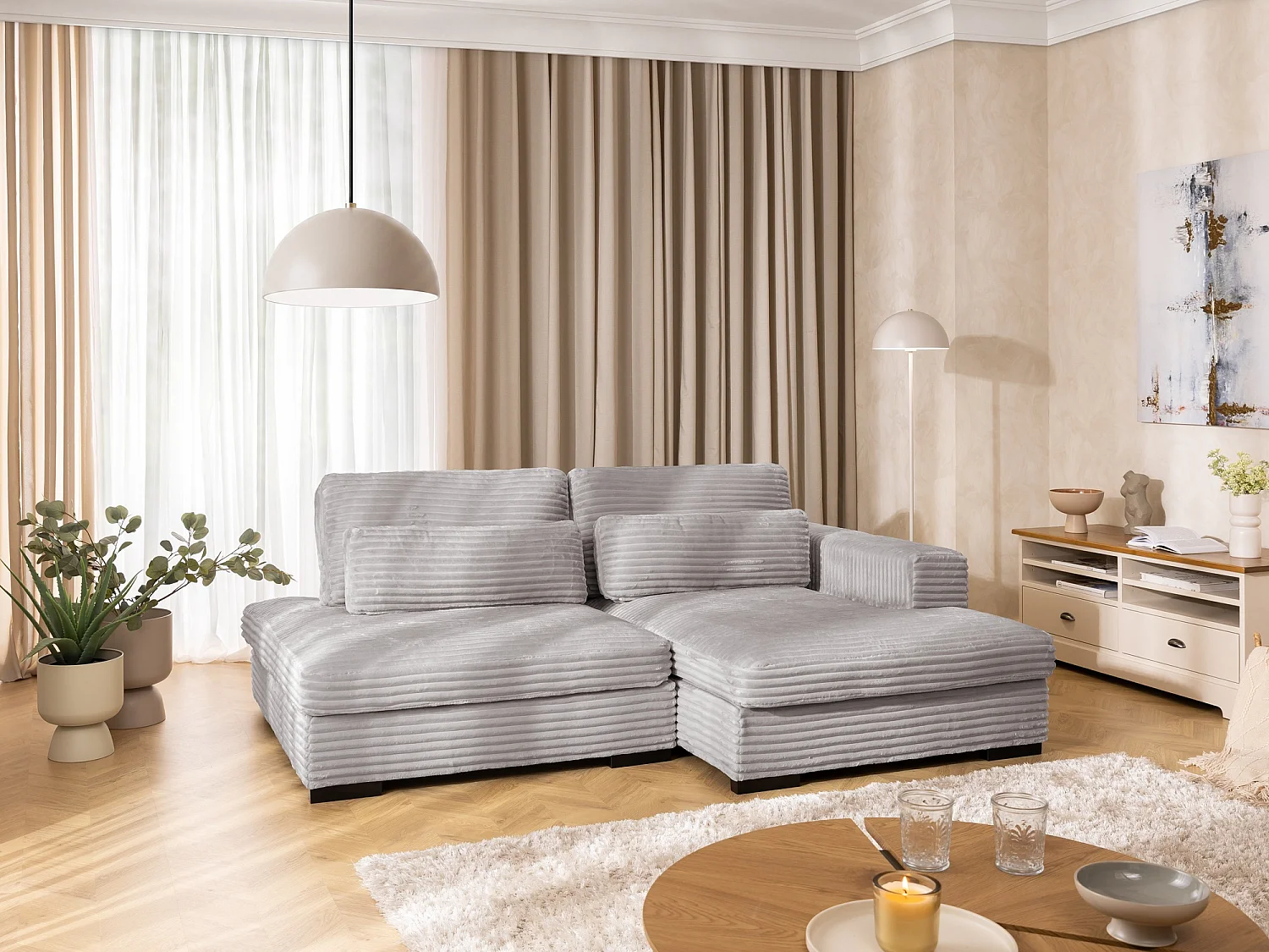 Canapé d’angle avec assise profonde, fonction couchage et pratique coffre de rangement, en tissu côtelé doux WOLKE