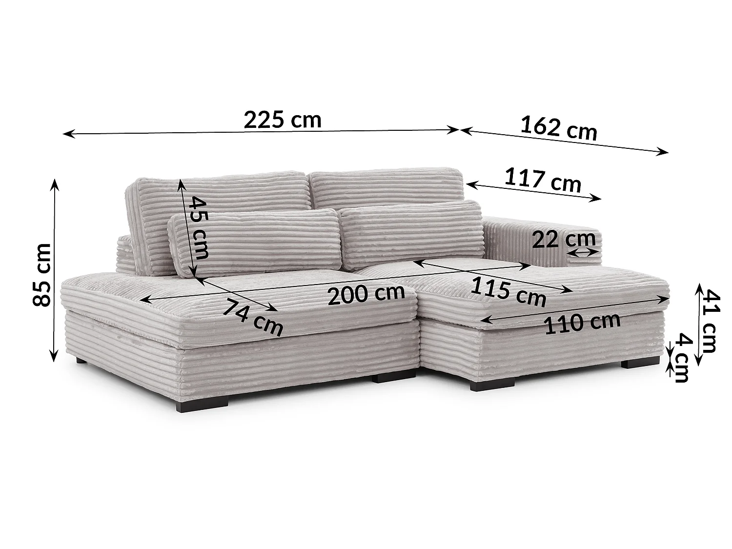 Canapé d’angle avec assise profonde, fonction couchage et pratique coffre de rangement, en tissu côtelé doux WOLKE